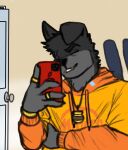 2020 anthro canid canine canis cellphone chaosdraws clothed clothed_anthro clothed_male clothing digit_ring digital_drawing_(artwork) digital_media_(artwork) domestic_dog drawstring_hoodie electronics finger_ring fur gold_(metal) gold_jewelry goon_(goonie_san) grey_body grey_fur hi_res holding_cellphone holding_object holding_phone holding_smartphone hoodie jewelry male male_anthro mammal necklace orange_clothing orange_hoodie orange_topwear phone selfie smartphone solo topwear