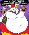 5_fingers anthro basket belly big_belly big_breasts black_speech_bubble bottomwear breasts candy cheek_tuft chest_tuft cinderace cleavage clothed clothing container dessert english_text facial_tuft female female_anthro fingers food fur fur_tuft generation_8_pokemon hair halloween hi_res holding_basket holding_container holding_object holidays huge_belly huge_breasts jacket lagomorph letterman_jacket mammal nintendo obese obese_anthro obese_female open_clothing open_jacket open_topwear overweight overweight_anthro overweight_female pants pokemon pokemon_(species) polygonal_speech_bubble pompuffy_(artist) pumpkin_basket rabbit_ears red_bottomwear red_clothing red_hair red_pants solo speech_bubble tas_(tascinderace) text topwear tuft white_text white_tuft wide_hipped_anthro wide_hipped_female wide_hips