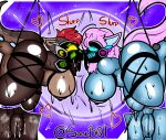 anthro aroused artist_name bdsm big_breasts big_butt big_vulva blue_body blue_fur blush blush_lines bodily_fluids bondage bound breasts brown_body brown_fur butt duo female female/female fur genitals hair hanged hanging_breasts heart_symbol hi_res humanoid kissing machine making_out pink_body pink_fur plump_labia protogen pussy_drip red_hair restraints rope rope_bondage rope_harness simple_background sola_(sola991) somebot sweat sweetie_the_protogen text trans_(lore) trans_woman_(lore) vulva