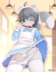 absolute_territory absurd_res ahoge amber_eyes anthro apron bell bell_collar big_tail blue_apron blue_clothing censored clothed clothing collar crossdressing cute_fangs dakeneshi domestic_cat exhibitionism fangs felid feline felis femboy frilly frilly_clothing frilly_panties frilly_underwear fur genitals gesture grey_body grey_fur grey_hair hair hand_gesture hi_res ineffective_censorship inner_ear_fluff kemono legwear looking_at_viewer low-angle_view maid_cafe maid_headdress maid_uniform male mammal markings one_eye_closed panties panties_down partially_clothed penis pink_clothing pink_panties pink_underwear short_hair smile solo striped_markings striped_tail stripes tail tail_markings teeth thigh_highs tongue tuft underwear underwear_down uniform v_sign white_thighhighs wink