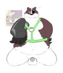 anthro badger badgerclops ball_tuft balls belly cartoon_network chastity_cage chastity_device dreamycasta eye_patch eyewear flustered genitals harness hi_res kneeling male mammal mao_mao:_heroes_of_pure_heart moobs mustelid musteline overweight simple_background solo tuft white_background