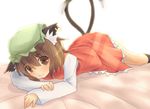  animal_ears brown_eyes brown_hair cat_ears cat_tail chen light_rays looking_at_viewer lying multiple_tails on_stomach sakurea short_hair smile solo sunbeam sunlight tail touhou 