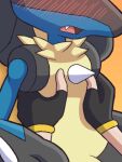 2d_animation 3:4 ambiguous_gender animated animated_gif anthro black_body black_fur blue_body blue_fur blush blush_lines breath clothing female_(lore) fingerless_gloves flat_chested frame_by_frame fur generation_4_pokemon gloves hand_on_chest handwear hi_res human lucario mammal matt's_lucario_(retsgar) matt_(retsgar) nintendo on_model pokemon pokemon_(species) retsgar short_playtime spikes tan_body tan_fur teeth tongue