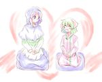  animal_ears bad_id bad_pixiv_id blue_eyes blush closed_eyes green_hair hands_together heart hood kasodani_kyouko kumoi_ichirin lavender_hair multiple_girls own_hands_together seiza sitting sketch smile taka_(taka_wo_kukuru) touhou 