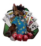 absurd_res anthro black_bottomwear black_clothing black_hair black_nose black_pants blue_clothing blue_eyes blue_topwear bottomwear brown_body brown_fur canid canine card cheek_tuft clothed clothing dice facial_tuft front_view fur grin hair hi_res looking_at_viewer male male_anthro mammal markings messy_hair oselotti pants red_markings short_hair slim_anthro slim_male smile solo topwear tuft white_body white_fur