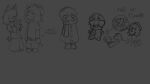 16:9 arachnid arthropod bat belt boots bottomwear canid canine canis cape claw_(loggerheads) clothing cowboyhat domestic_dog eating_flower english_text flower footwear hi_res lenny_(loggerheads) mammal marshmanted monochrome niko_(loggerheads) pants plant scarf shoes smile spider text toy widescreen
