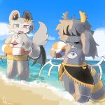 1:1 2026 3_eyes anthro antlers arm_tuft ball beach beach_ball belly_eye biped black_horn blue_eyes bone_wings cheek_tuft chimera clothed clothing cloud colored crotch_lines crown day demon detailed_background devil_connection devilun_(makemon) digital_media_(artwork) duo facial_tuft fluffy fluffy_tail front_view full-length_portrait fur green_eyes grey_body grey_fur grey_hair grey_tail hair hair_over_eyes headgear heterochromia hi_res hip_wings holding_ball holding_beach_ball holding_object horn inflatable jewelry kemono light lighting looking_at_another makemon male male_anthro mammal markings membrane_(anatomy) membranous_wings monotone_tail multi_eye multicolored_body multicolored_fur multicolored_tail nazar_(makemon) necklace open_mouth outside pendant pink_eyes portrait pupils ring_(marking) ringed_tail saddu sand sarong sea shaded signature skull_accessory skull_necklace sky standing striped_markings striped_tail stripes sunlight swim_ring swimming_trunks swimwear tail tail_markings topless topless_anthro topless_male tuft two_tone_body two_tone_fur two_tone_tail unusual_anatomy unusual_wing_placement unusual_wings water white_body white_fur white_pupils wings yellow_body yellow_fur yellow_tail