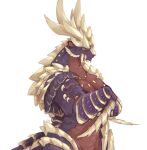 2024 anthro armblades armor blue_eyes capcom cloud-ya colored colored_sketch crossed_arms fanged_wyvern female fur hi_res horn magnamalo monster_hunter multicolored_body multicolored_fur muscular muscular_anthro muscular_female nude_anthro plate_armor purple_body red_body scales scalie shaded sketch snout spikes spikes_(anatomy) standing tail thick_neck tusks