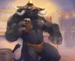 absurd_res anthro beverage black_body black_fur black_hair blizzard_entertainment bovid bovine briefs brown_briefs brown_clothing brown_underwear clothed clothed_anthro clothed_male clothing fur hair hi_res horn male mammal muscular muscular_anthro muscular_male navel nipples notsophatmatt pubes solo tauren topless topless_anthro topless_male underwear warcraft