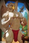 2026 abs accipitrid accipitriform anthro avian beak bird bottomwear brown_body brown_feathers chunie clothing digital_media_(artwork) digital_painting_(artwork) duo eagle feathers gesture hi_res inside loincloth looking_down male muscular muscular_male nipples painting_(artwork) pecs reading scroll solo_focus waving white_body white_feathers