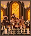 absurd_res accessory all_fours anthro breath butt candle catholicism christianity church clothing cock_ring collar crawling duo genitals glistening glistening_body glistening_skin hi_res hyena jewelry leash leash_pull legwear lying male male/male mammal melanie_martinez nun on_back panting paused_yeen penis penis_accessory penis_jewelry religion religious_clothing religious_symbol spotted_hyena stockings