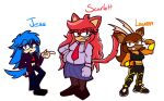 accessory anthro antlers blue_hair bottomwear bracelet breasts canid canine chain cleavage clothed clothing deer domestic_cat eyewear fan_character felid feline felis female footwear glasses group hair horn jacket jess_(sussytomato) jewelry lauren_(sussytomato) long_hair mammal muscular muscular_female navel necktie pants red_hair scarlett_(sussytomato) sega shirt shoes skirt slightly_chubby sonic_the_hedgehog_(series) spiked_bracelet spikes sussytomato tail teeth topwear trio