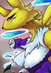 absurd_res anthro bandai_namco black_sclera blue_eyes breasts claws cleavage clothed clothing countershading digimon digimon_(species) digital_media_(artwork) female fist fur halftwit hi_res looking_away mammal markings purple_clothing renamon simple_background solo white_body white_fur yellow_body yellow_fur
