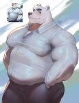 aggretsuko anthro bear bedroom_eyes belly big_belly big_moobs big_muscles big_pecs bodily_fluids clothing collared_shirt dress_pants dress_shirt eyebrows fur hand_in_pocket head_tuft hi_res huzzhuz male mammal moobs musclegut muscular muscular_arms narrowed_eyes nipple_outline pecs picture_in_picture pockets polar_bear portrait raised_eyebrows sanrio seductive shaded shirota_(aggretsuko) shirt smile smiling_at_viewer smirk smirking_at_viewer solo standing sweat sweatdrop thick_thighs three-quarter_portrait tight_clothing topwear tuft ursine white_body white_fur