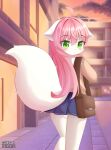 absurd_res ahoge anthro big_tail blue_bottomwear blue_clothing blue_skirt blue_trim bottomwear canid canine cheek_tuft city clothing cloud cloudy_sky confusion dakeneshi ears_down emotionless expressionless facial_tuft female fluffy fluffy_tail fox fur green_eyes hair handbag hi_res kemono long_hair looking_at_viewer looking_back mammal messenger_bag miniskirt panties panty_shot pink_hair pivoted_ears purse rear_view school_uniform sidewalk skirt sky solo sunset sweater tail topwear tuft underwear uniform white_body white_fur white_trim