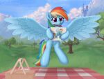 4:3 basket callichrome canterlot_castle cloud container crayon equid equine female feral flying friendship_is_magic grass hasbro hi_res looking_at_viewer mammal mountain my_little_pony mythological_creature mythological_equine mythology outside pegasus picnic_basket picnic_blanket plant rainbow_dash_(mlp) smile smiling_at_viewer solo spread_wings tree wings