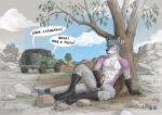 2026 anthro blue_claws blue_eyes blue_hair caught_in_the_act claws colored_sketch dialogue digital_media_(artwork) ejaculation english_text exclamation_point genitals grey_body hair handwritten_text hufnaar humanoid_genitalia humanoid_penis humor kangaroo leaning leaning_backward long_tail macropod male mammal markings marsupial masturbation nude_anthro nude_male orgasm outside penis plant pointy_ears prick_ears purple_markings rock signature sitting sketch solo speech_bubble tail text tree