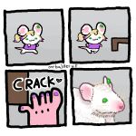 1:1 5_toes alternate_form anthro beady_eyes blonde_hair border bottomless bottomless_anthro chibi clothed clothing comic crack_(sound_effect) ear_piercing ear_tag feet feral feralized fur furniture green_eyes grey_background hair hitting_table k2comix_stubbed_toe_meme kicking_object mammal meme mrbalderus murid murine onomatopoeia pain piercing pink_feet pink_hands pink_inner_ear pink_tail ponytail purple_hair_tips realistic rodent running shirt shirt_only simple_background sound_effects stubbed_toe style_change sudden_realism table tail text toes topwear topwear_only white_body white_border white_fur zoe_umeko_(mrbalderus)
