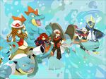  2girls alternate_costume aqua aqua_background bad_id bad_pixiv_id beanie bird black_hair blastoise blue_(pokemon) blue_skin breasts brown_eyes brown_hair empoleon feraligatr fingerless_gloves flipped_hair gen_1_pokemon gen_2_pokemon gen_3_pokemon gen_4_pokemon gloves hand_on_headwear hat holding holding_poke_ball kutta long_hair medium_breasts miniskirt multiple_boys multiple_girls open_mouth orange_sclera penguin platinum_berlitz poke_ball pokemon pokemon_(creature) pokemon_special red_eyes ruby_(pokemon) scarf serious shirt sidelocks silver_(pokemon) skirt sleeveless sleeveless_shirt standing swampert water wristband yellow_eyes 