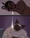 absurd_res acting_like_a_cat andromorph_(lore) anthro bed bedroom_eyes black_hair blue_eyes bodily_fluids brown_body brown_fur brown_skin clothed clothing dark_body dark_skin derp_eyes domestic_cat dreadlocks drooling felid feline felis fur furniture hair hi_res human jahvari_(wayesh) lying male male_anthro male_human mammal messy_fur multicolored_body multicolored_fur narrowed_eyes on_side orange_eyes pillow ratana_(wayesh) saliva seductive siamese_cat signature silly_face smile sunrise tan_body tan_fur tongue tongue_out topless topless_anthro topless_human topless_male trans_(lore) trans_man_(lore) two_tone_body two_tone_fur under_covers wayesh white_body white_fur window