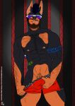 2024 abs anthro bite biting_lip biting_own_lip black_body black_fur blue_tattoo body_hair brown_body brown_fur canid canine canis chest_hair clothed clothing colored dated detailed_background dobermann domestic_dog eyewear fur hi_res jock male mammal mostly_nude muscular muscular_male navel nipples partially_clothed pink_nipples pinscher pubes red_clothing red_underwear self_bite solo sunglasses tattoo underwear underwear_down whitecolt_productions