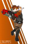 2:3 absurd_res ailurid anthro armor belt boots caviid clothing duo electronics epic_games feral footwear fortnite fur gaming gauntlets gloves green_eyes guinea_pig gun handwear hi_res lykim male mammal orange_body orange_fur pointing_gun ranged_weapon red_panda rodent shoes shotgun weapon