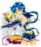  2girls bishoujo_senshi_sailor_moon bishoujo_senshi_sailor_moon_sailor_stars blonde_hair blue_eyes blush choker earrings elbow_gloves embrace eternal_sailor_moon gloves hug jewelry kiss kou_seiya long_hair looking_back lowres magical_girl multiple_girls ponytail ribbon sailor_moon sailor_star_fighter sailor_stars saliva shorts simple_background skirt teen teenage tiara tsukino_usagi twin_tails twintails wings yuri 