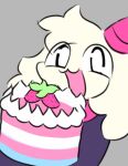 ambiguous_gender anthro black_clothing bovid cake caprine clothing darkner deltarune dessert food fruit goat grey_background happy hat head_tuft headgear headwear hi_res holding_cake holding_food holding_object icing lgbt_pride looking_at_viewer mammal open_mouth party_hat pink_mouth pink_scarf plant pride_colors ralsei scarf simple_background simple_mouth smile solo strawberry trans_(lore) trans_woman_(lore) transgender_pride_colors tuft undertale_(series) veido white_ears white_face