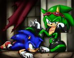  blue blue_eyes couple crown domination eye_contact eyewear green green_body green_eyes hedgehog jacket leather_jacket looking_at_each_other male mammal scar scourge_the_hedgehog sega shoes shoppaaaa sitting sonic_(series) sonic_the_hedgehog sunglasses 
