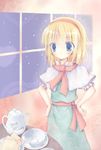  alice_margatroid blonde_hair blue_eyes capelet cup hairband hands_on_hips hasuga_sea solo teapot touhou 