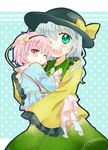  bad_id bad_pixiv_id blush carrying chikamichi_(ssssgirl) child green_eyes hairband hat heart komeiji_koishi komeiji_satori long_sleeves multiple_girls one_eye_closed open_mouth pink_eyes pink_hair shirt siblings silver_hair sisters skirt smile touhou younger 