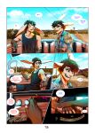 adrian_donovan aloha_shirt anthro bottomwear brother_(lore) brothers_(lore) car chat_noir_(artist) clothed clothing comic desert dialogue digital_media_(artwork) duo emanata english_text fur gloves_(marking) hair hi_res lagomorph leg_markings leporid letho_donovan long_ears lyrics male mammal markings muscular muscular_male music open_mouth outside pants pattern_clothing pattern_shirt pattern_topwear plant rabbit shirt shorts shrub sibling_(lore) smile socks_(marking) speech_bubble teeth text tongue topwear twins_(lore) utility_pole vehicle
