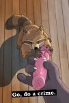 2023 3_toes 4_fingers ambiguous_gender animal_dildo animal_sex_toy anthro black_eyes black_nose brown_body brown_fur canine_dildo claws dildo dipstick_ears disembodied_hand duo ear_markings english_text feet finger_claws fingerpads fingers first_person_view floor fur go_do_a_crime holding_dildo holding_object holding_sex_toy humor knot knotted_dildo letodoesart male mammal markings meme multicolored_ears pawpads pink_dildo procyonid raccoon rico_(letodoesart) ring_(marking) ringed_tail semi-anthro sex_toy size_difference striped_markings striped_tail stripes tail tail_markings tan_body tan_fur text toes white_text wood wood_floor