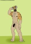 2020 anthro balls black_nipples black_penis brown_body brown_fur claws colored dated feet flexing flexing_bicep fur genitals green_background green_eyes hi_res humanoid_genitalia humanoid_penis hyena king_cackle_(whitecolt_productions) looking_at_viewer male mammal markings muscular muscular_male nipples nude nude_male penis pubes simple_background smile smiling_at_viewer solo spots spotted_body spotted_fur standing tan_balls teeth text url vein veiny_penis whitecolt_productions
