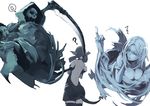  ? anger_vein bare_shoulders black_legwear blue_hair breasts cleavage dizzy from_behind guilty_gear large_breasts middle_finger necro_(guilty_gear) one_eye_closed rca ribbon scythe simple_background skull tail tail_ribbon thighhighs undine_(guilty_gear) 