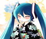  ^_^ aqua_hair blush closed_eyes hatsune_miku headphones highres japanese_clothes kimono long_hair obi sash smile solo twintails vocaloid yukata yume_shokunin 