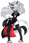 2024 absurd_res anthro artist_name black_clothing black_dress black_ears black_legwear black_stockings black_tail black_thigh_highs breasts canid canid_demon canine cleavage clothed clothing crescent_moon demon digitigrade dress ear_piercing eyebrow_piercing eyelashes facial_piercing female frown fur grey_hair hair hair_over_eye hands_behind_head hellaverse hellhound helluva_boss hi_res legwear long_hair loona_(helluva_boss) mammal moon mythological_canine mythological_creature mythology notched_ear piercing pupils red_sclera simple_background slit_pupils solo stockings tail teaofcolors text thigh_highs toeless_legwear toeless_stockings translucent translucent_clothing translucent_topwear twitter_handle two_tone_tail white_background white_body white_eyes white_fur white_tail