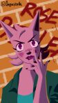 9:16 anthro brick canid canine canis female fur gingastella graffiti hi_res humanoid mammal pink_body pink_eyes pink_fur rose_paisley solo wall_(structure) wolf