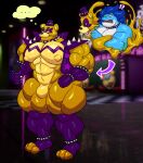 absurd_res anthro before_and_after blue_body bracelet chest_tattoo clothing collar dragon five_nights_at_freddy's five_nights_at_freddy's:_security_breach fredbear_(fnaf) glamrock_freddy gloves handwear hi_res jacket jewelry latex latex_clothing latex_gloves latex_handwear leather leather_clothing leather_jacket leather_topwear male mind_wipe muscular muscular_male mythological_creature mythological_scalie mythology neutral_expression no_thoughts null_bulge scalie scottgames shaded slime solo spiked_bracelet spiked_collar spikes standing steel_wool_studios surprised symbiote tattoo thick_thighs tiburalgo topwear transformation yellow_body