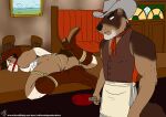 2023 angry anthro apron bar bdsm bondage bound brown_clothing brown_cowboy_boots brown_cowboy_hat brown_topwear brown_vest butt butt_slap canid canine canis chair claws clothing colored cowboy cowboy_hat dated duo equid equine frown furniture gag gagged grey_cowboy_hat hat headgear headwear horse imminent_spanking jackal looking_back lying male male/male mammal nervous on_bar_counter on_front paddle painting_(object) punishment red_paddle rope saloon shirt signature slap spanking table text topwear url vest western white_clothing white_shirt white_topwear whitecolt_productions