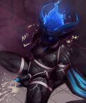 bdsm blue_horn blue_tongue bodily_fluids bondage bound cum cumshot dragon ejaculation erection erunroe fire foreskin genital_fluids genitals hi_res horn humanoid_genitalia humanoid_penis kaelis_ura_(elias_ura) male mythological_creature mythological_scalie mythology penis restraints rope rope_bondage scalie tongue tongue_out