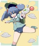  backpack bag blue_eyes blue_hair dual_wielding energy_gun hair_bobbles hair_ornament hat highres holding kawashiro_nitori open_mouth school_swimsuit shirt solo swimsuit swimsuit_under_clothes touhou tsukigi two_side_up ufo weapon 