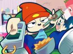 absurd_res alcohol anthro beanie beard beer beverage black_ears black_eyebrows black_eyes black_nose blue_bottomwear blue_clothing blue_pants blue_shirt blue_topwear bottomwear bowl brown_clothing brown_hat brown_headwear canid canine canis clothed clothing container controller domestic_dog drinking drinking_beer eyebrows facial_hair footwear for_a_head general_potter group hat headgear headwear hi_res male mammal narrowed_eyes object_head orange_beanie orange_clothing orange_hat orange_headwear pants papa_parappa parappa parappa_the_rapper parody plant plant_pot potted_plant red_clothing red_footwear red_shoes shirt shoes sipping_beer_on_a_couch_stock_image sitting snack sony_corporation sony_interactive_entertainment tan_body thick_eyebrows topwear trio xochibunsai