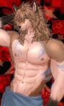 abs abstract_background anthro athletic biped blue_bottomwear blue_clothing blue_markings blue_stripes blue_towel bottomwear brown_body brown_eyes brown_fur brown_hair canid canine canine_tail canis clothed clothing detailed_background digital_drawing_(artwork) digital_media_(artwork) fang_(rubixfpv) fluffy fur geometric_background hair hand_behind_head hand_on_hip hi_res long_hair looking_at_viewer male mammal mane markings messy_hair multicolored_body muscular nipples pecs raised_arm red_background rubixfpv simple_background smile smirk solo standing stripes tail tan_body tan_fur tattoo topless towel towel_around_waist towel_only two_tone_body wolf