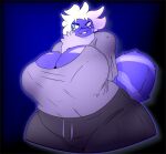 4_eyes anthro arachnid arthropod big_breasts blue_body blue_fur bottomwear breasts busty_boy_(lore) clothed clothing devious_grin digital_media_(artwork) english_description frost_(frosttheprotato) frosttheprotato fur fur_markings hair hi_res male markings multi_eye neck_tuft pants short_tail solo spider standing sweatpants tail thick_thighs tucked_shirt tuft white_hair