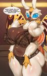anthro arthropod biped blue_eyes bra breasts clothed clothing dialogue english_text female hi_res insect lepidopteran lingerie mleonheart moth mothra mothra_(series) panties solo speech_bubble text thick_thighs toho underwear white_body yellow_body