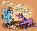 blah_blah_blah blue_body book cpyclopse cutie_mark duo english_text equid equine eyelashes eyes_closed eyewear female feral friendship_is_magic glowing glowing_horn goggles gradient_background hasbro hi_res hooves horn inkwell loose_feather magic mammal my_little_pony mythological_creature mythological_equine mythology parchment pegasus pink_eyelashes pink_eyes pink_magic purple_body quill rainbow_dash_(mlp) scroll simple_background speech_bubble tail tail_tuft telekinesis text tuft twilight_sparkle_(mlp) unicorn unintelligible unintelligible_speech wings