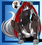  &hearts; amber_eyes anthro big_breasts bodysuit breasts camel_toe chain claws clothed clothing crouching ear_piercing earring english_text feline female hair high_heels horn lakituboy long_hair long_red_hair male mammal piercing pose red_hair skinsuit solo spikes text unknown_artist 
