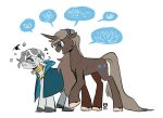 amber_eyes annoyed blue_eyes brown_body brown_hair brown_tail cloak clothing cross-popping_vein cutie_mark duo equid equine eyewear fan_character female feral glasses hair hasbro hooves horn male mammal my_little_pony mythological_creature mythological_equine mythology neck_ring parch_well_(oc) redxbacon round_glasses simple_background speech_bubble striped_body stripes tail unicorn white_background zane_(redxbacon) zebra