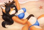 anthro aquatic asterozoan beach bikini breasts canid canine cleavage clothed clothing collar cynthia_saito echinoderm female fox furrycrystal hand_on_head looking_at_viewer lying mammal navel on_back sea side-tie_bikini solo starfish string_bikini swimwear two-piece_swimsuit water